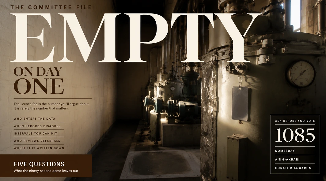 A plant room boiler with a blank asset tag, with the word EMPTY in large serif across the frame