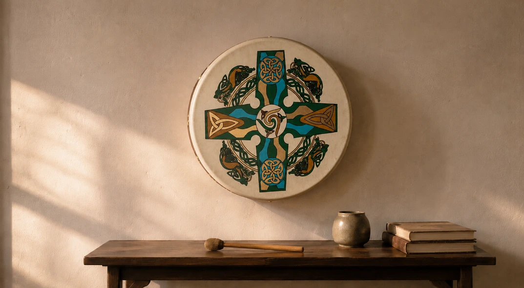 A round shape breaks the grid your eye expects, and the goatskin catches light in a way flat canvas never does