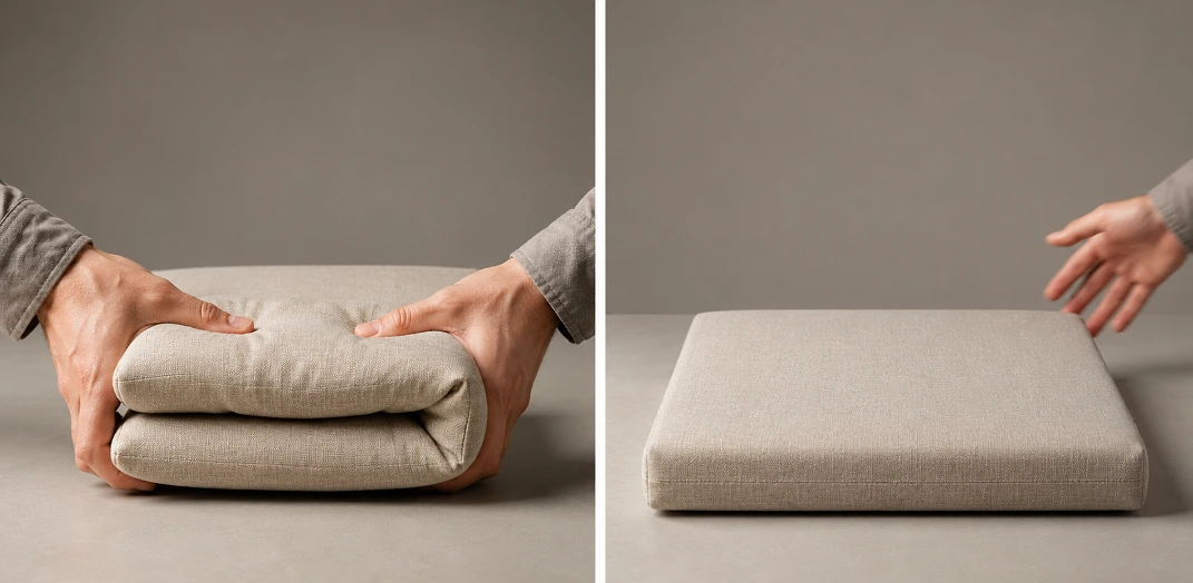 A seat cushion held folded in half, then shown flat and fully recovered with no crease