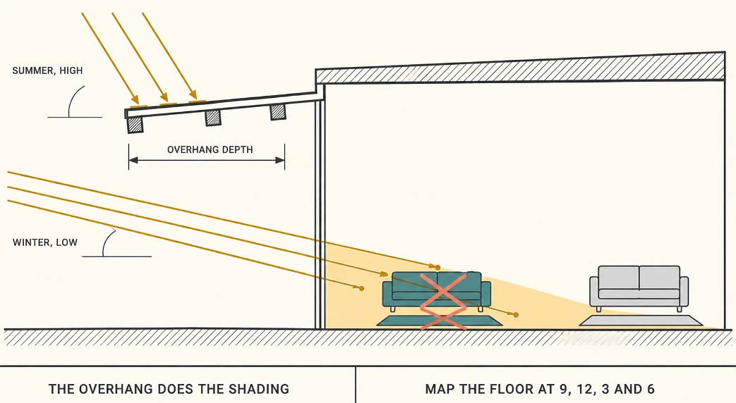 A section through a glazed wall showing an overhang blocking high summer sun while low winter sun reaches furniture on the floor