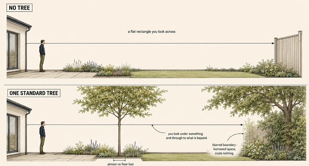 A standard tree takes almost no floor and hands the garden a dimension it did not have