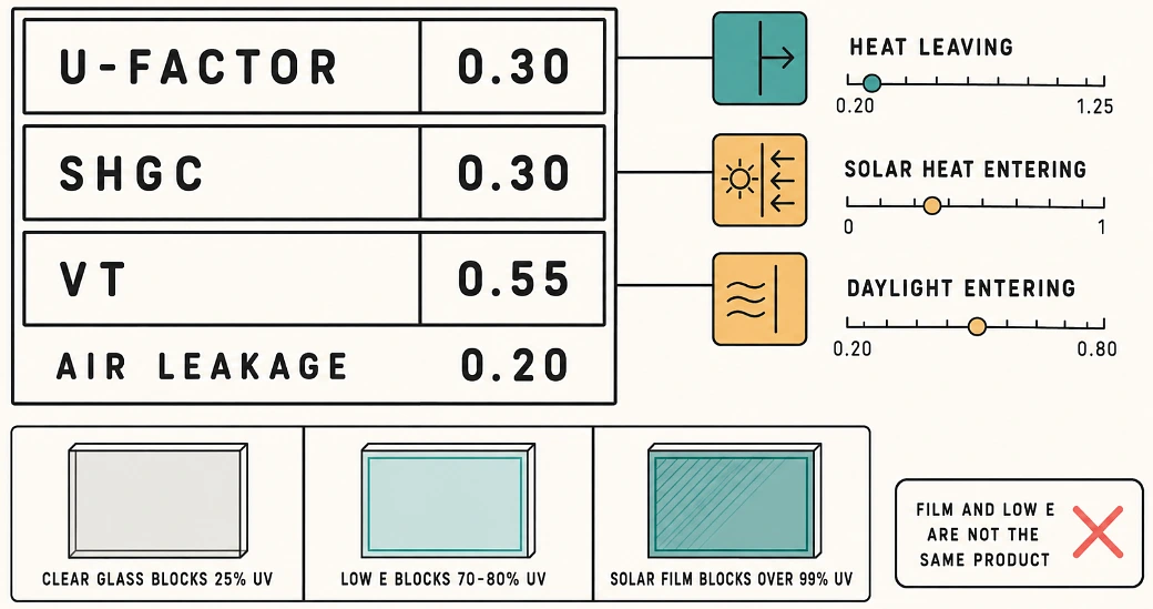 A window label broken into U-factor, SHGC and VT with scales, above a comparison of UV blocked by clear glass, low-e and film