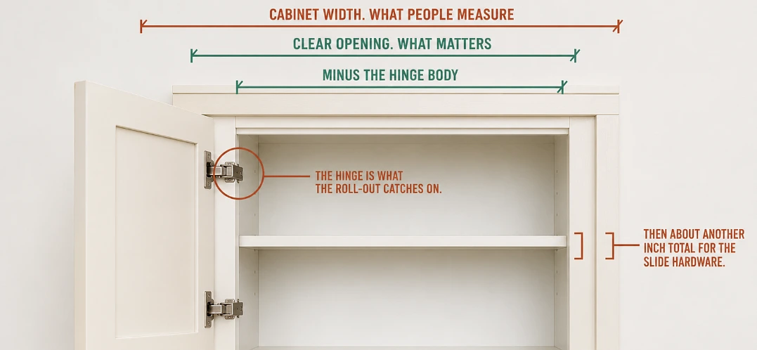 Annotated photo of an open face-frame cabinet marking cabinet width against the narrower clear opening, hinge protrusion and slide allowance