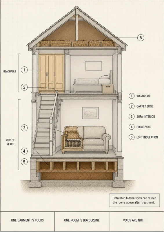 Anything you can lift, wash and vacuum is still yours to fix. Once it is inside the sofa frame, the floor void or the loft, you are treating blind