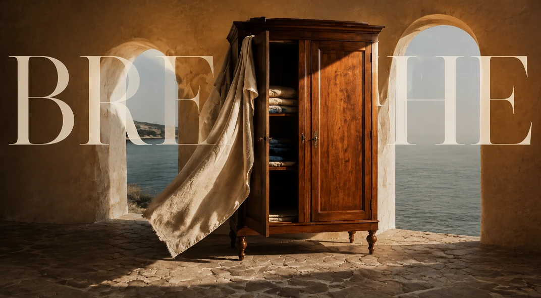 Editorial cover of a teak wardrobe on legs in a sunlit coastal veranda, with the word BREATHE set large behind it