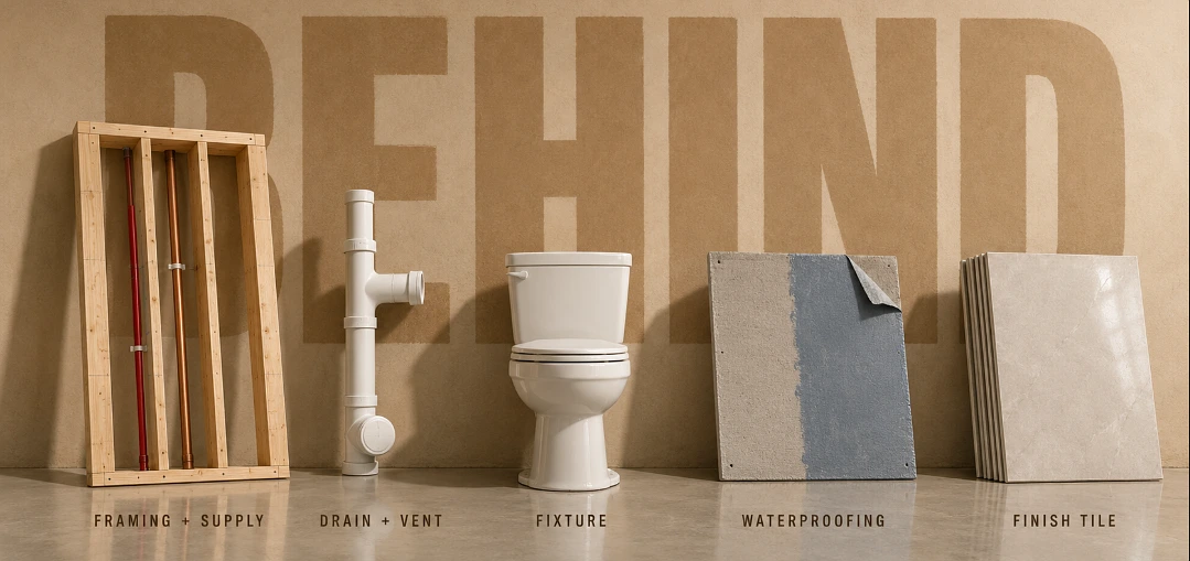 Five bathroom components standing in a row against a wall painted with the word BEHIND, from framing and pipework through to finish tile