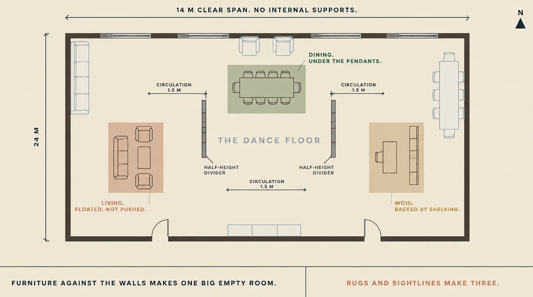 Floor plan of a 14 by 24 metre clear-span building showing three floating furniture zones on rugs, with a ghosted wall-hugging layout beneath