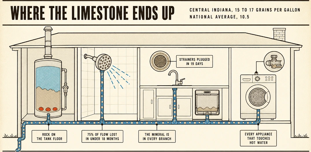 Illustrated house cutaway showing mineral scale in the water heater, showerhead, tap aerator, dishwasher and washing machine along one pipe run
