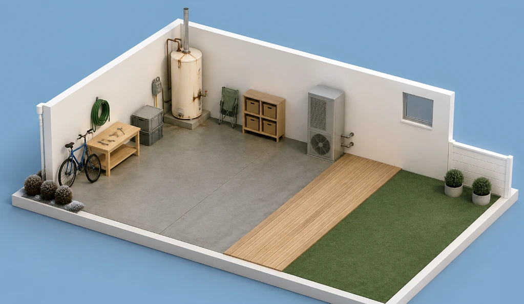 Isometric cutaway of a house corner showing an old gas hot water tank inside the garage and a heat pump on the sunlit exterior wall