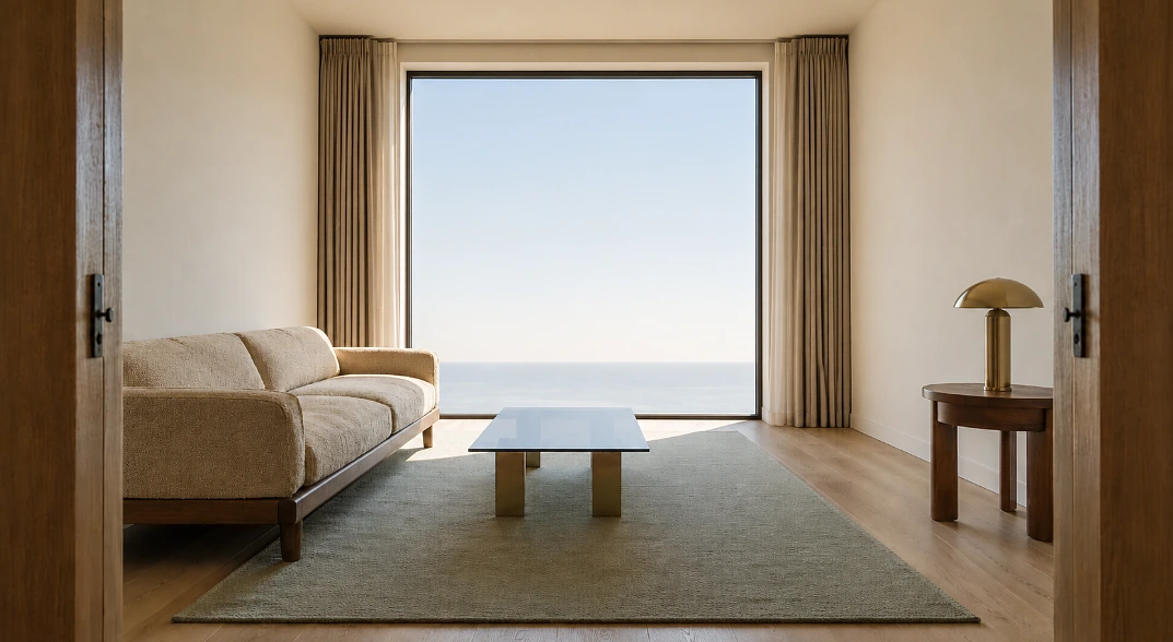 Living room arranged with a clear sightline from the doorway to an unobstructed window.