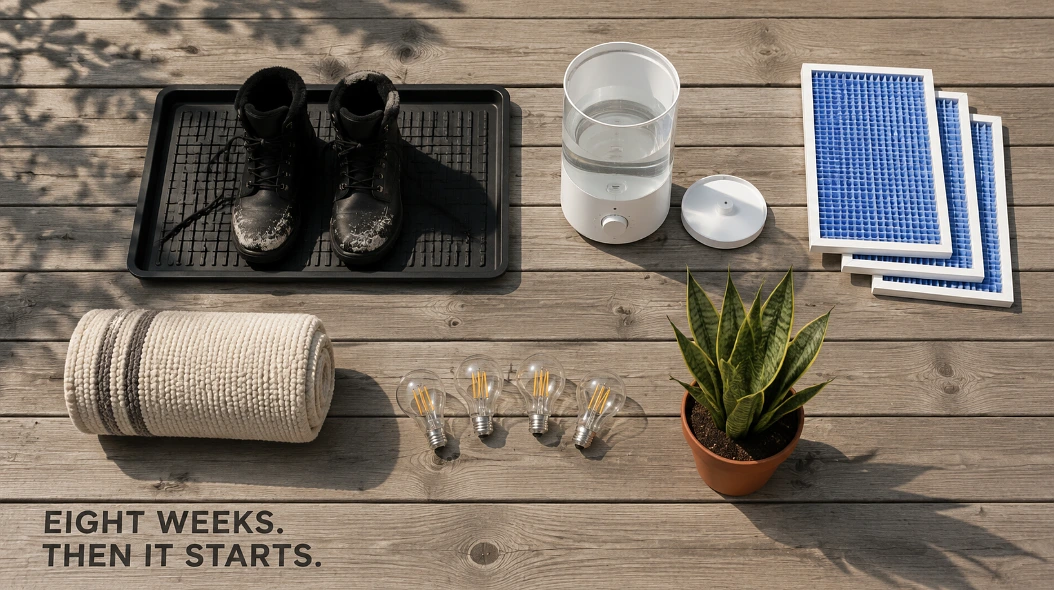 Overhead flat-lay of winter home items on a sunlit deck: boot tray, humidifier, wool rug, warm bulbs, snake plant