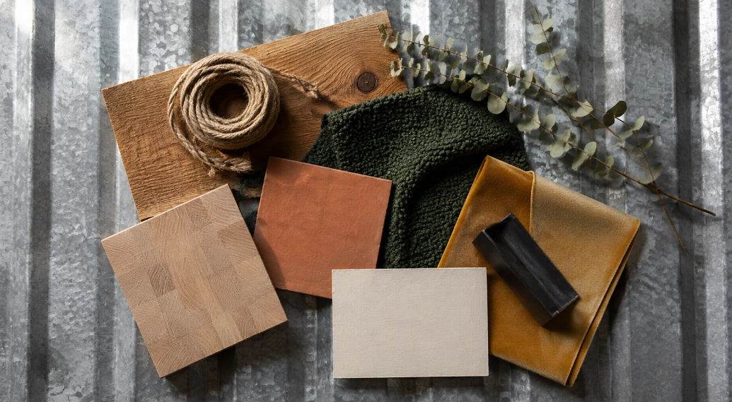 Overhead material board of cedar, terracotta tile, forest green wool, mustard velvet and jute laid on raw corrugated steel