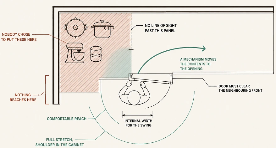 Plan view of a blind corner cabinet with reach arcs falling short of the hatched rear zone and a blocked sight line at the adjacent run