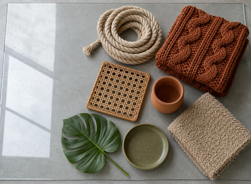 Rope, knit, rattan, terracotta, boucle and a leaf laid on bare glass with one corner left empty