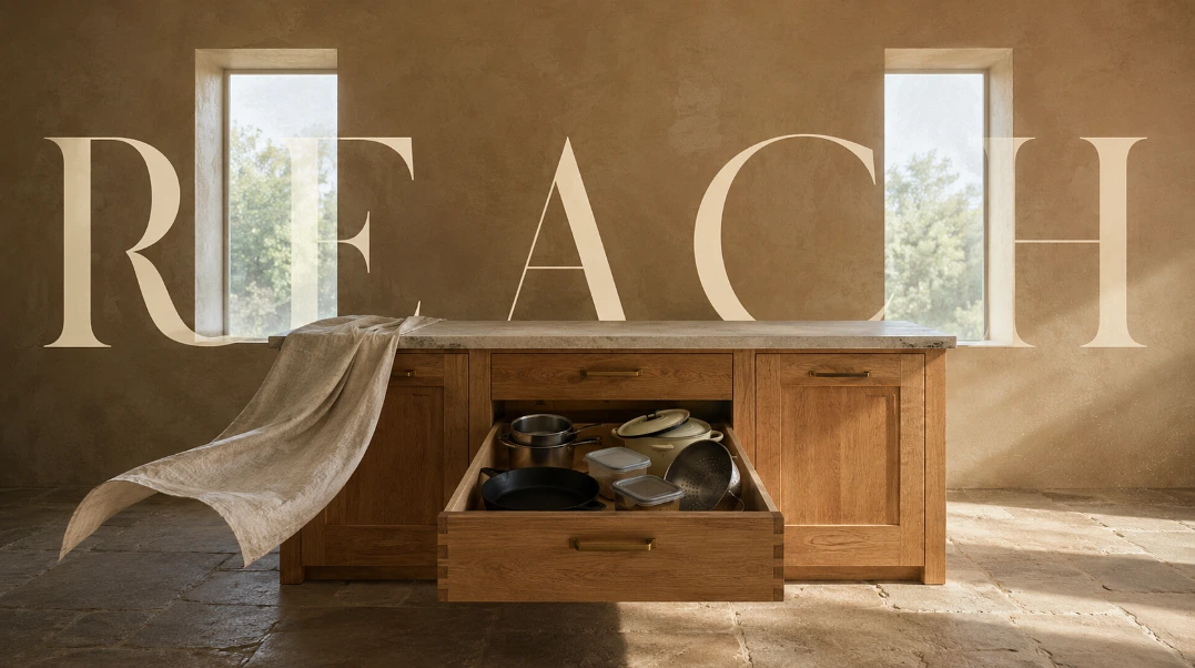 Sunlit plastered kitchen with an oak base run, a deep pan drawer fully extended, and the word REACH set large on the wall behind