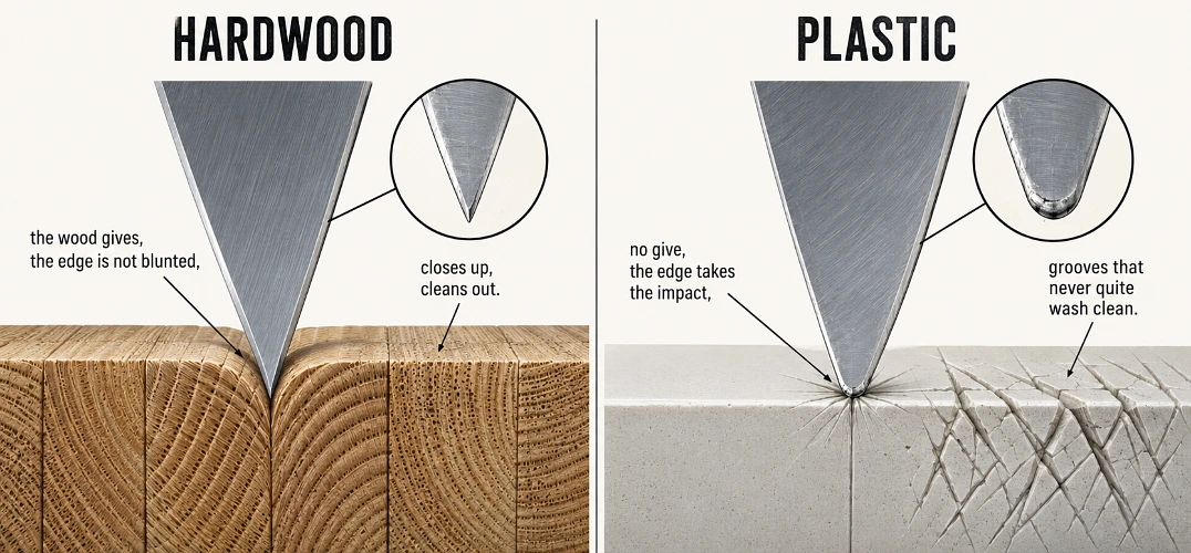 The knife lands and the wood gives a little instead of fighting back, and that is the entire secret