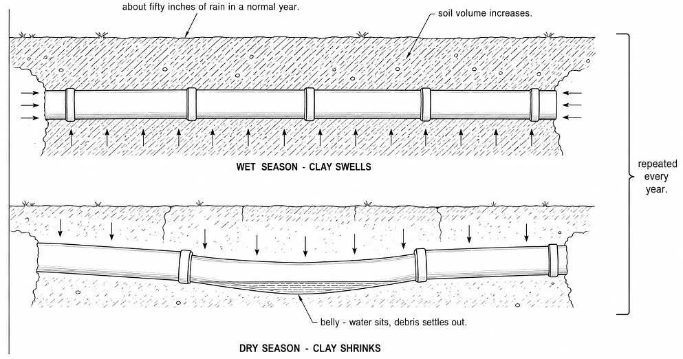 The pipe rides that movement every year until the joints step apart and the low spots form