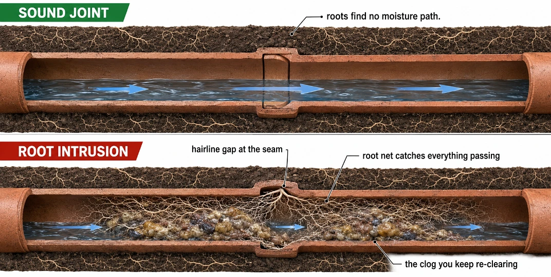 The root does not block the pipe, it builds the net that everything else gets caught in