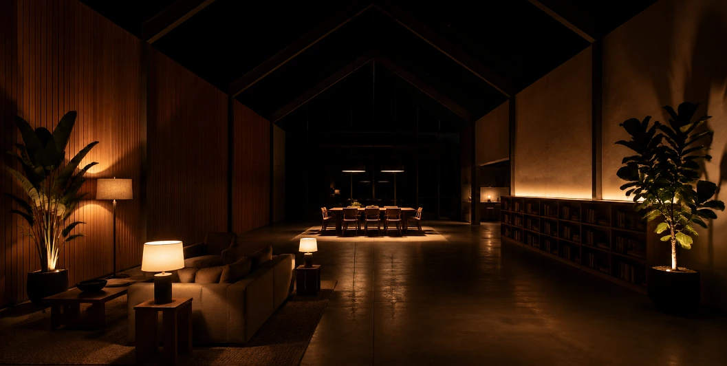 The same steel-framed barn home at night lit only by pendants, floor lamps and concealed strips, forming separate warm pools of light