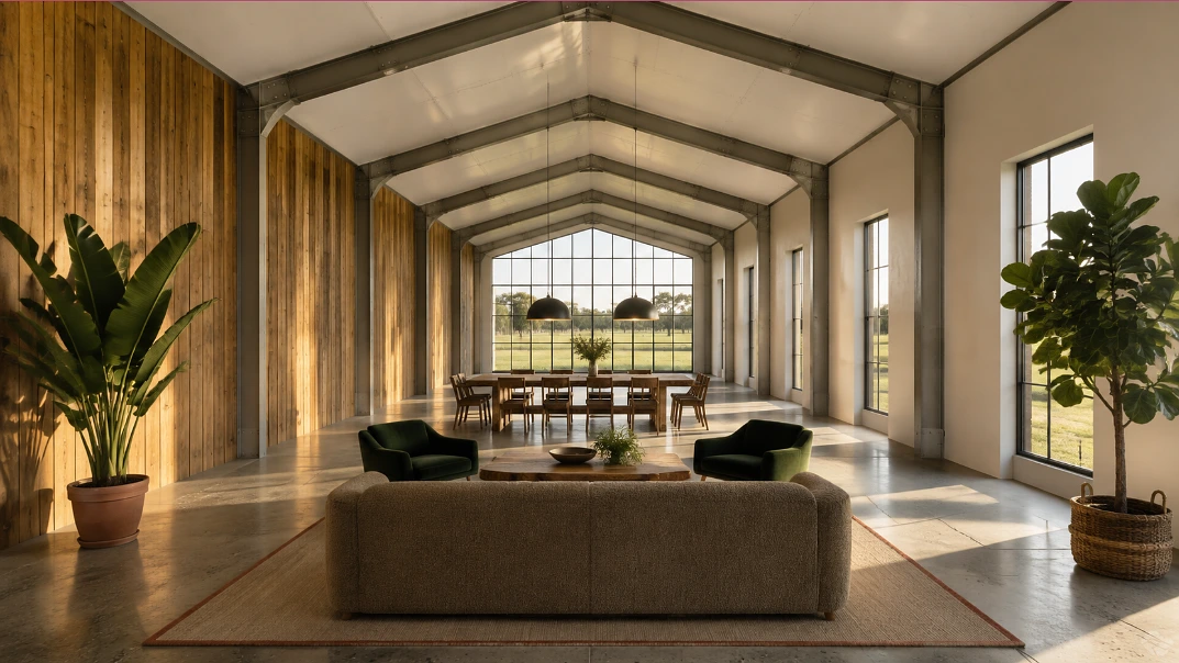 The same volume that reads as a warehouse when it is empty becomes generous once furniture stops hugging the walls