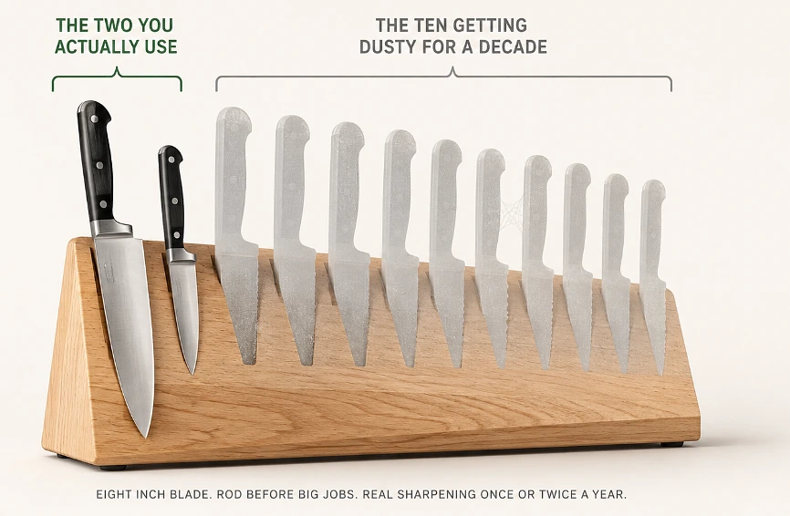 The twelve-knife block is decoration, and everyone who owns one already knows which two they reach for