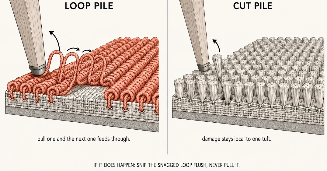 The whole surface is one strand looping over and over, which is why a snag rarely stays a snag