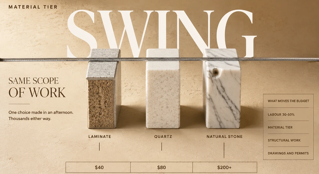 Three countertop offcuts on edge in laminate, quartz and natural stone with the word SWING across the frame