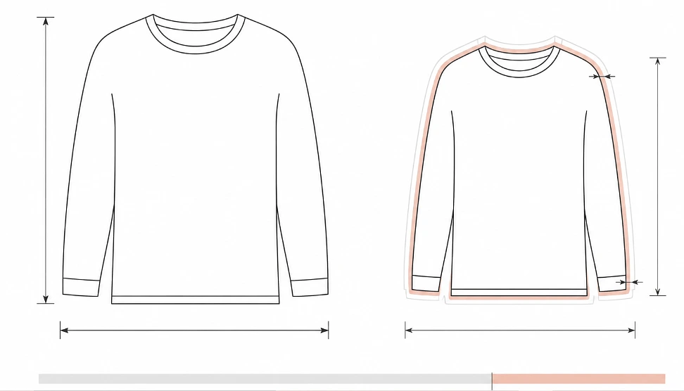 Three percent is invisible as a percentage and obvious as a hemline. The stack stops sitting square because each wash returns a slightly smaller garment