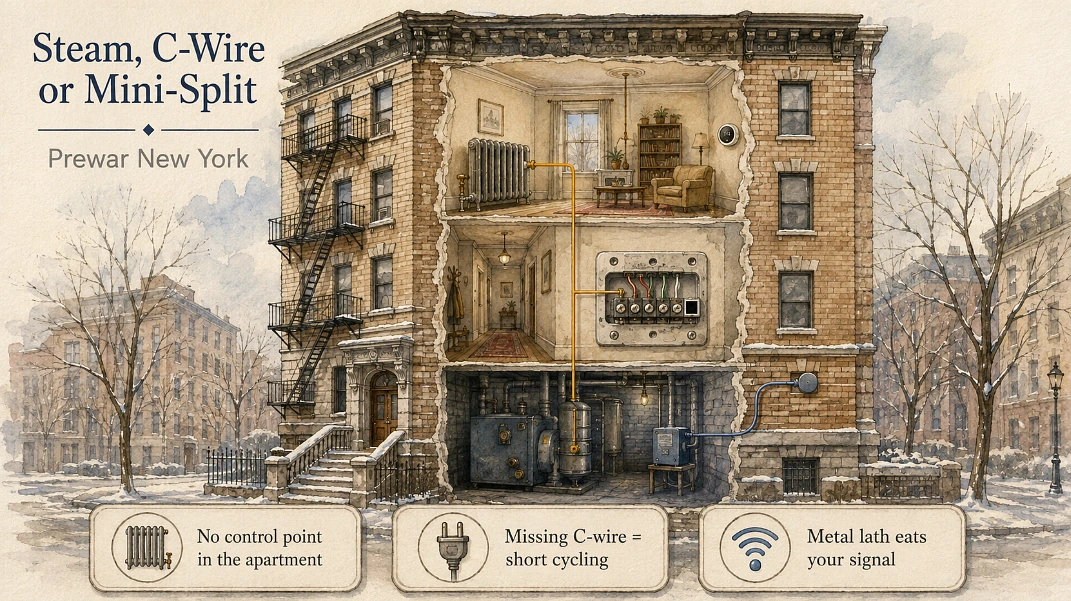 Watercolour cutaway of a prewar New York building showing the steam riser, a thermostat with a missing terminal and the basement boiler control