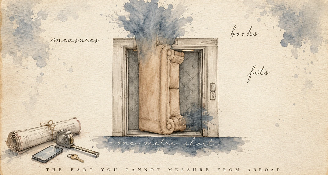 Watercolour of a service lift with a sofa dissolving into a blue wash where it exceeds the door opening, with a tape measure and floor plan beside it