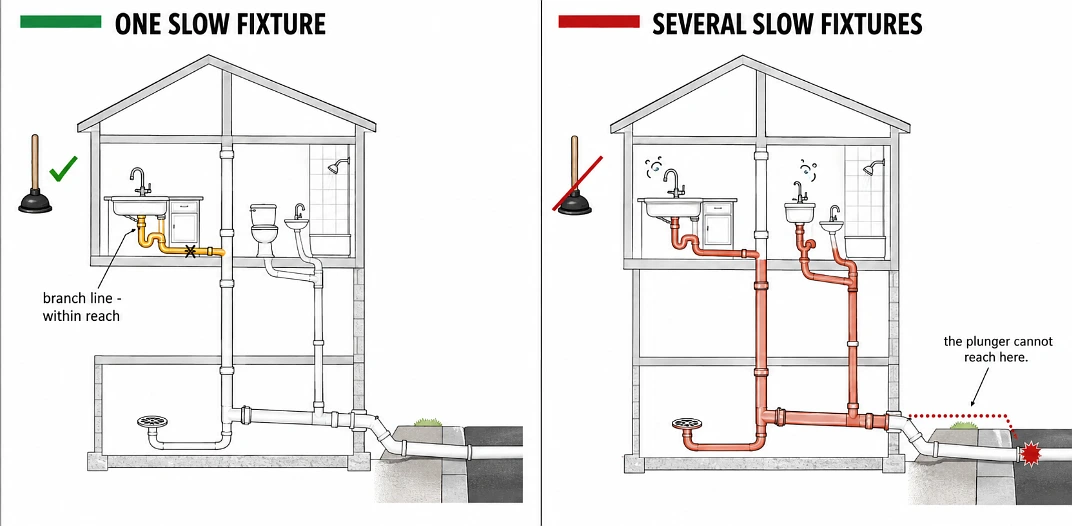 Where the blockage sits decides who can reach it, and several slow fixtures together is the answer