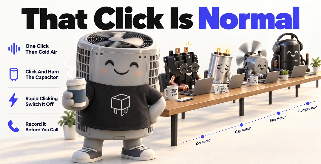 3D poster of an air conditioner character with contactor, capacitor, fan and compressor characters at a desk