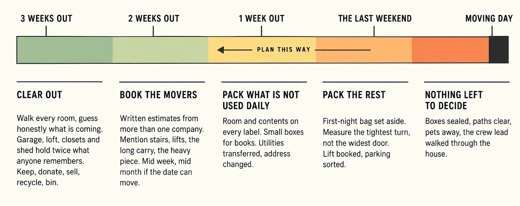 Backward-reading timeline from three weeks out to moving day listing what to clear, book, pack and check at each stage
