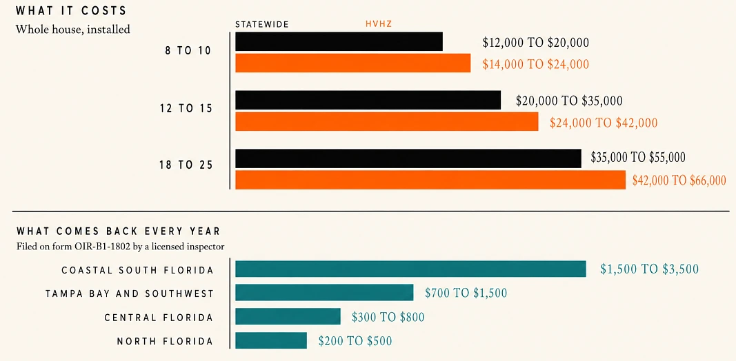 Chart comparing whole-house impact window costs against annual insurance savings by Florida region