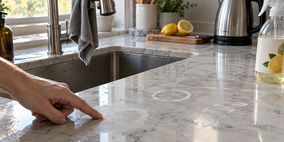 Close-up of dull etched patches around the sink on a white marble benchtop with a citrus spray bottle nearby