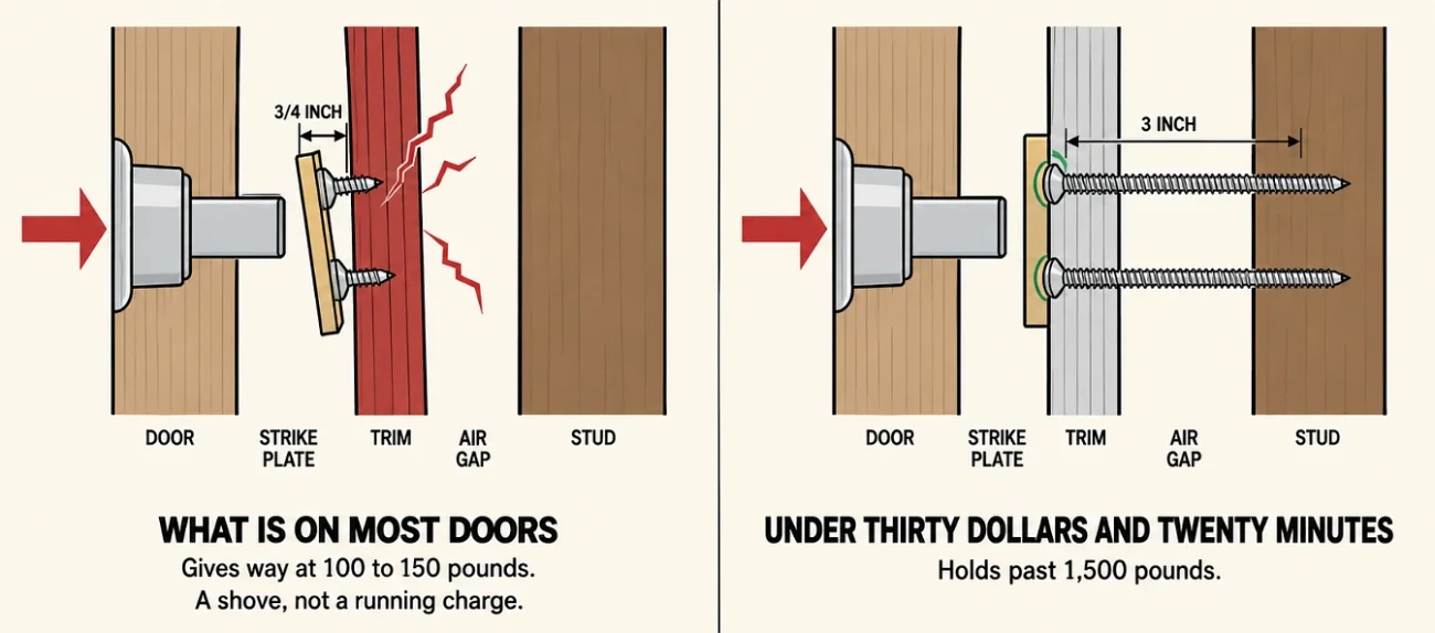 Cutaway diagram comparing three-quarter inch strike plate screws with three inch screws reaching the stud
