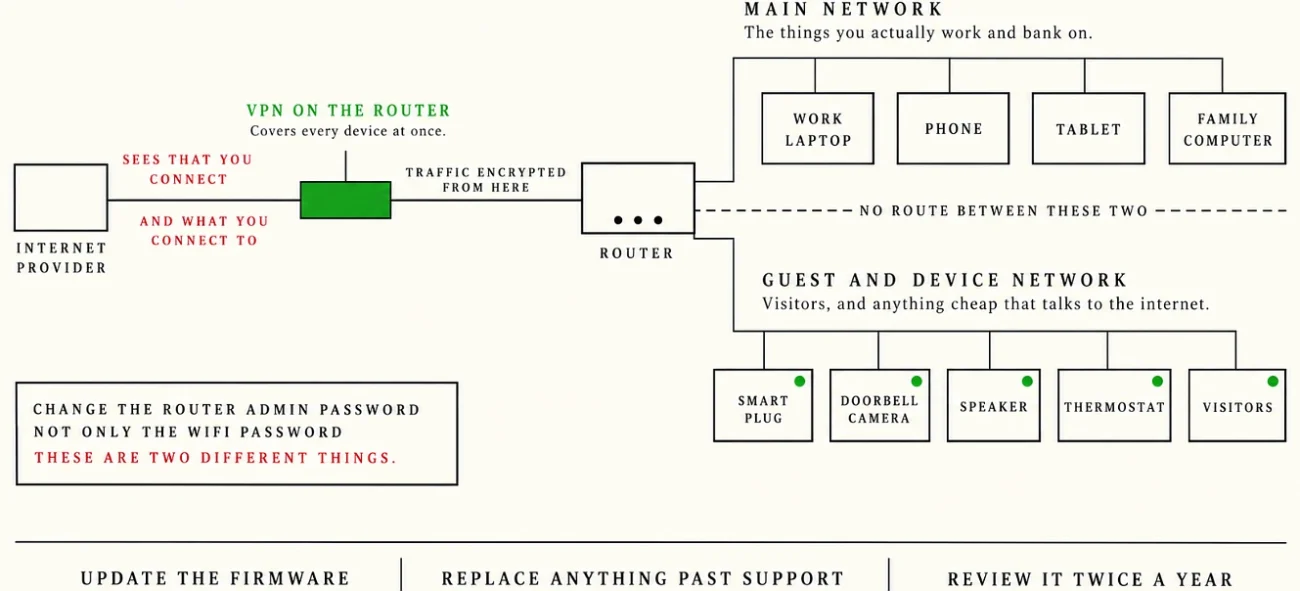 Diagram of a home router split into a main network and a separate guest network for smart devices