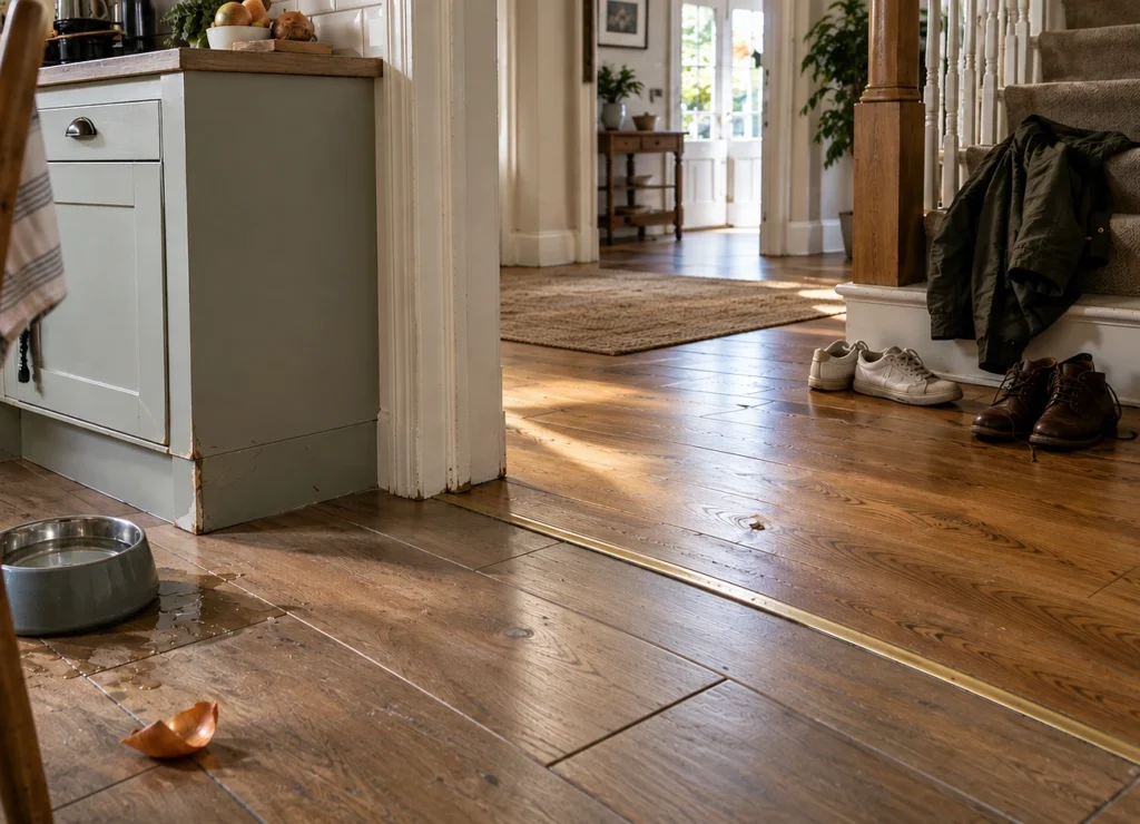 Doorway threshold where oak look tile in a kitchen meets real oak boards in a hallway.