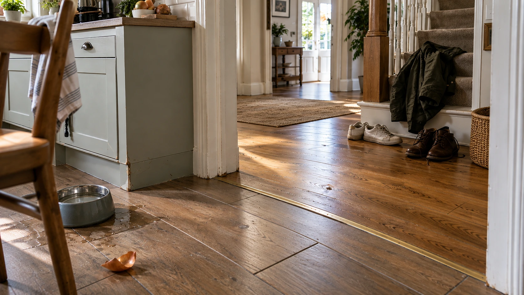 Doorway threshold where oak look tile in a kitchen meets real oak boards in a hallway.