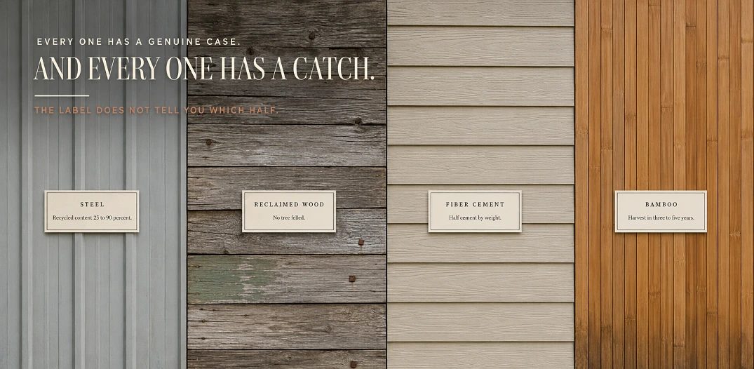 Exterior wall split into four bands of steel, reclaimed wood, fiber cement and bamboo siding