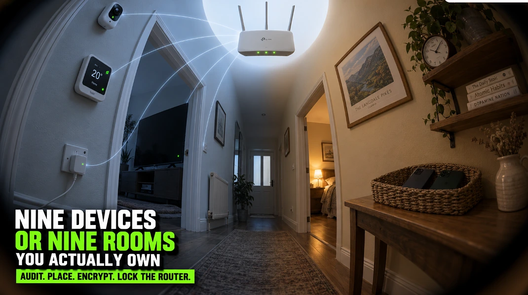 Fisheye hallway split between a device-filled cool side and a device-free warm side beneath a floating router