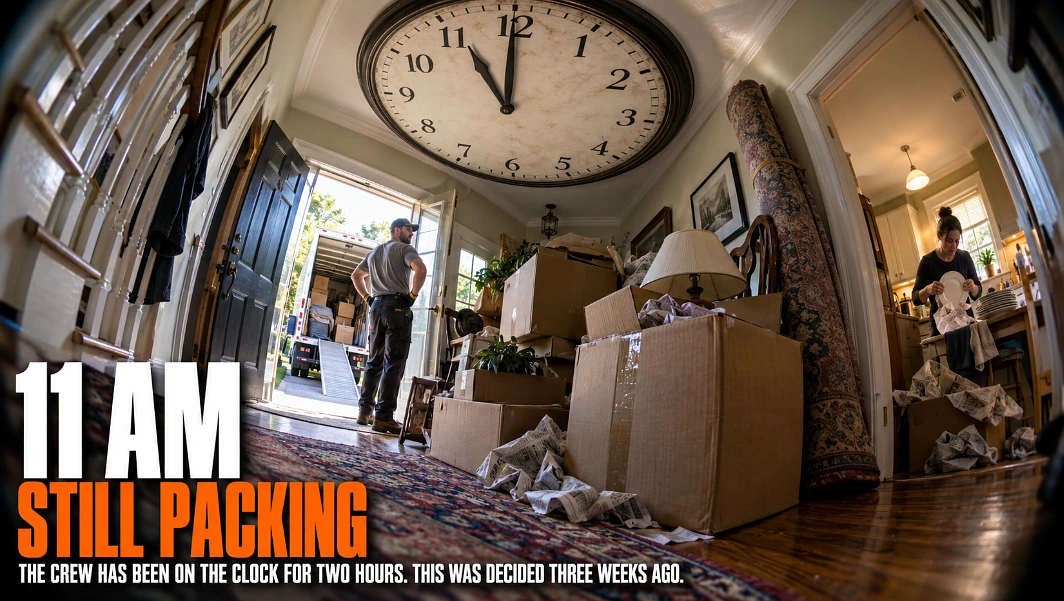 Fisheye view of a hallway blocked with unlabelled moving boxes under a giant clock reading eleven, with text reading 11 AM Still Packing