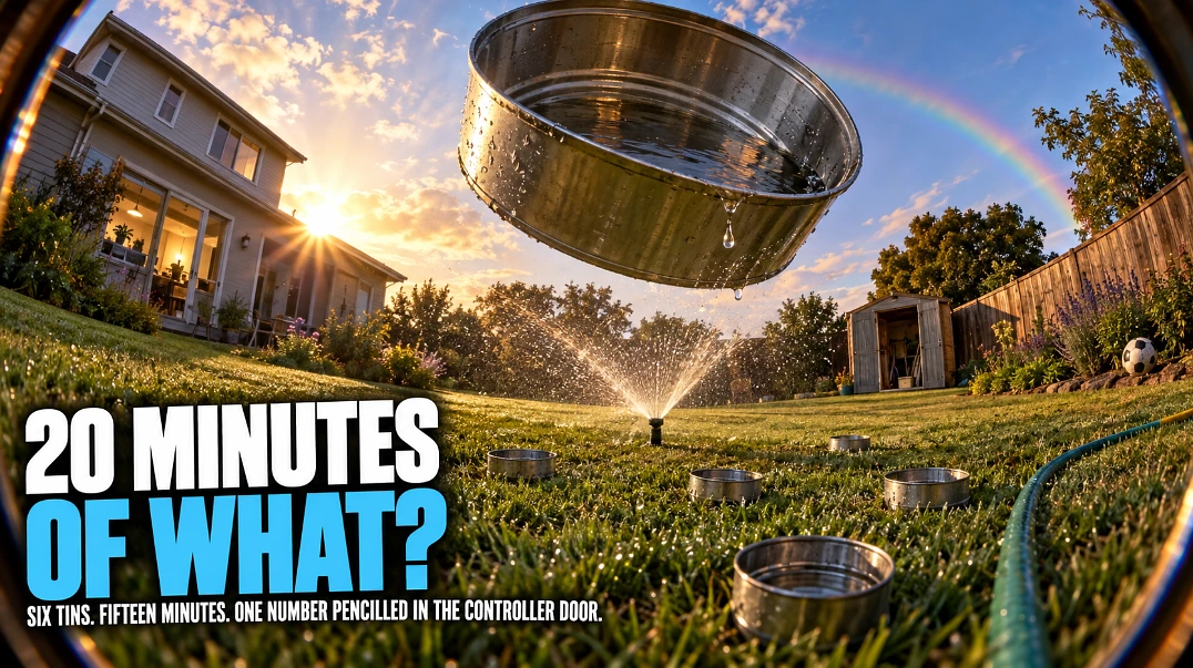Fisheye view of a lawn at sunset with a giant tuna tin hovering above a sprinkler and bold text reading 20 Minutes Of What.