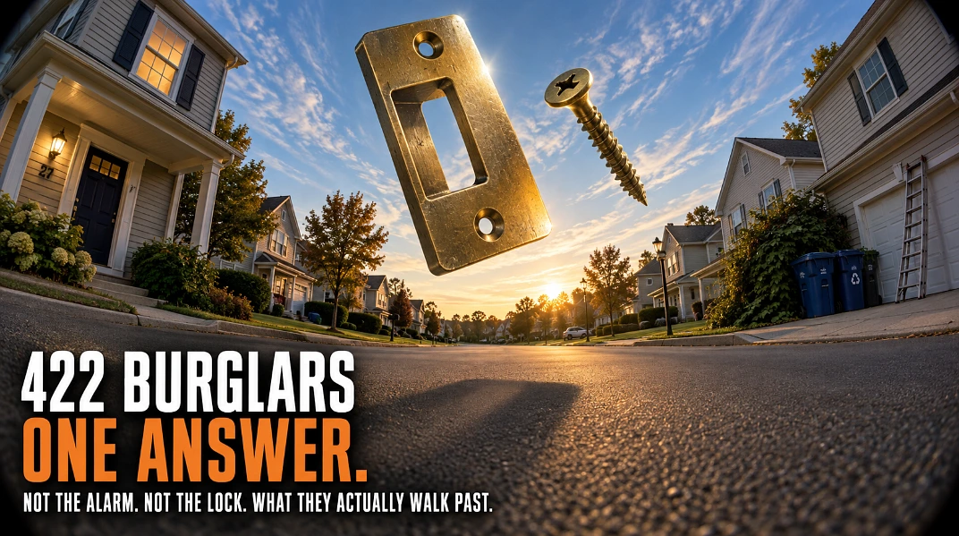 Fisheye view of a suburban street at sunset with a giant brass strike plate and 3-inch screw floating in the sky above the houses.
