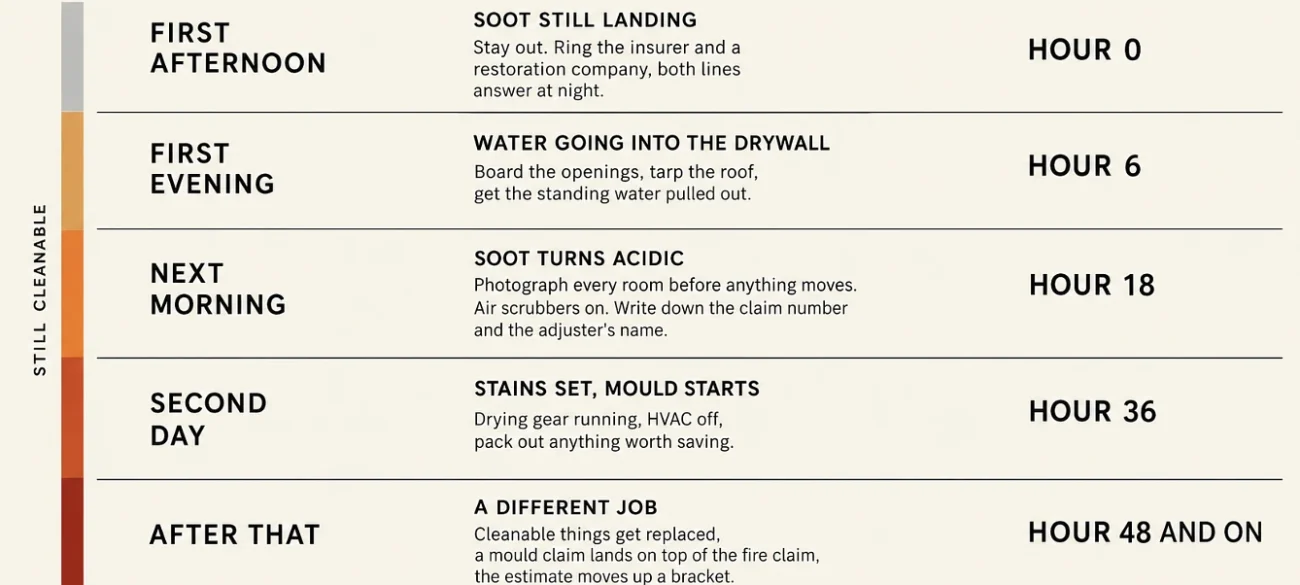 Five-row timeline chart of the first 48 hours after a house fire showing what the damage is doing and what to do at each stage.