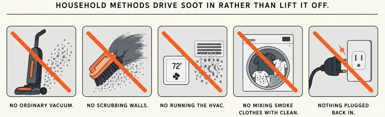 Five vector tiles showing crossed-out household cleaning actions to avoid after fire damage.