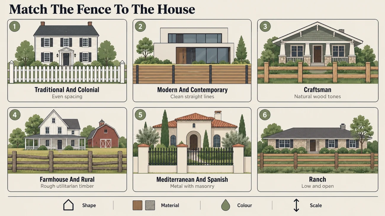 Grid pairing six house architecture styles with the fence style that suits each one