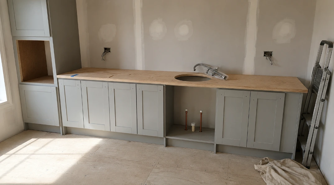 Half-finished kitchen with plywood laid across the base cabinets in place of a worktop