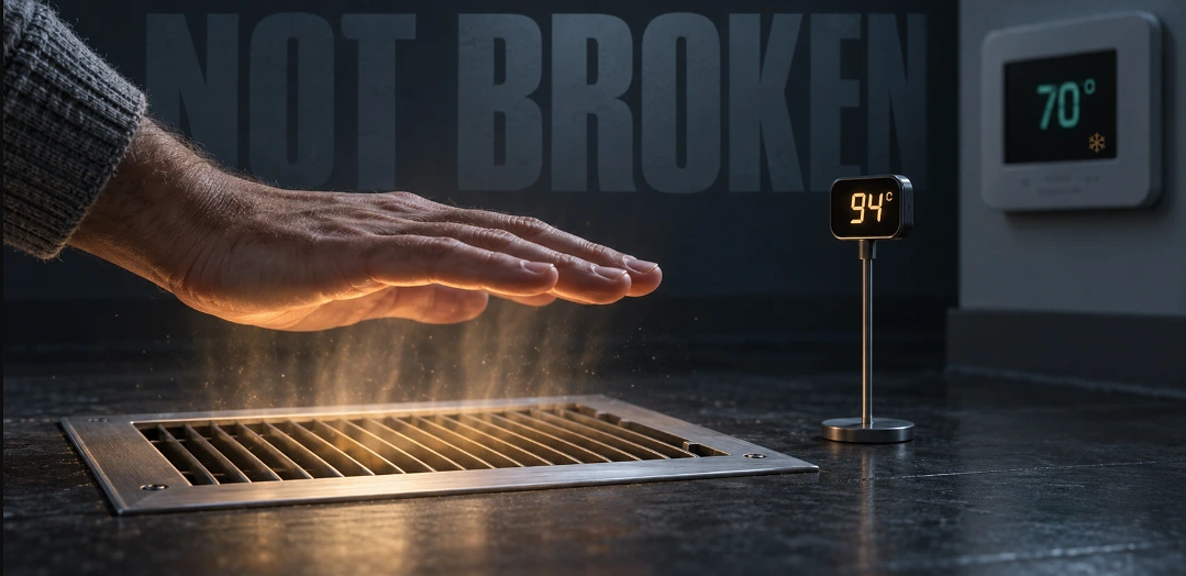 Hand held over a floor register with a probe reading 94 degrees and a thermostat holding 70