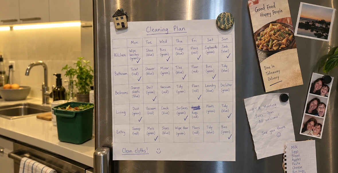 Handwritten weekly cleaning schedule grid held on a fridge door with magnets, several boxes ticked